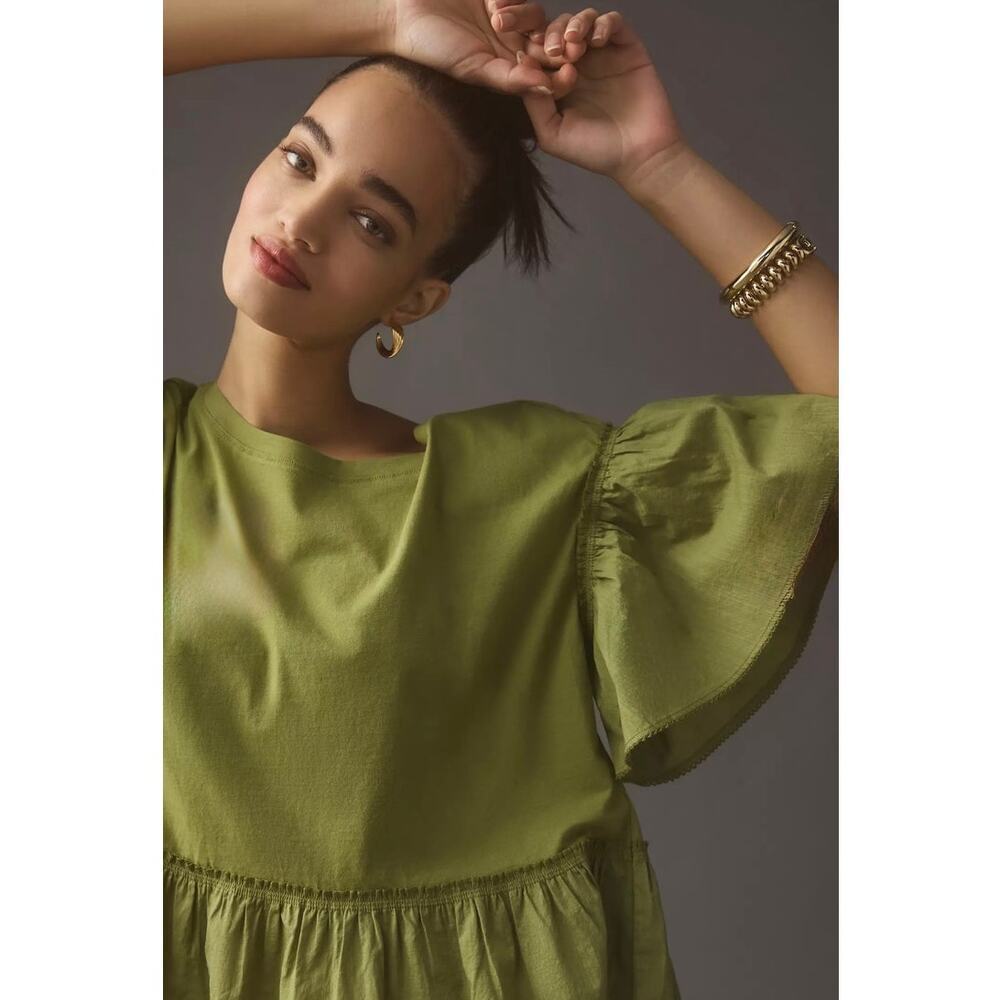 Anthropologie Green Peplum Babydoll Top Size Medium with Ruffle Flutter Sleeve
